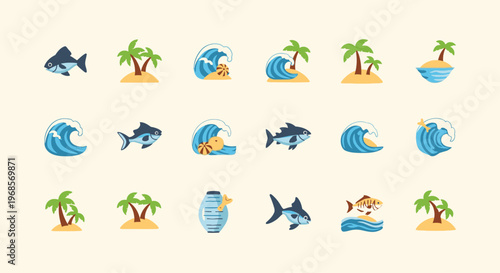 Collection of Tropical Island and Ocean Icons.