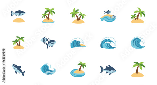 Collection of Tropical Island and Ocean Life Icons.