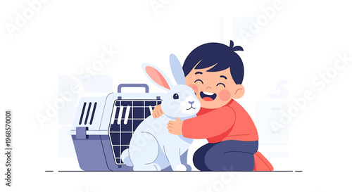 Child hugging rabbit near pet carrier vector illustration