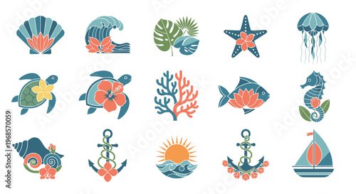 Collection of Tropical Marine Life and Nautical Elements.