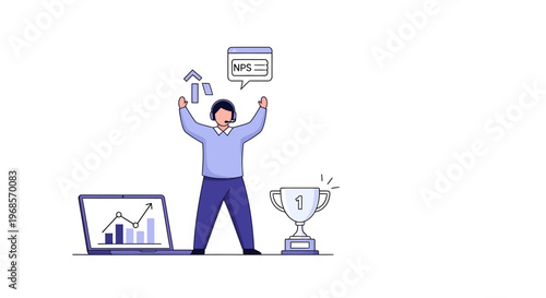 Customer service representative celebrating success near laptop and trophy flat illustration