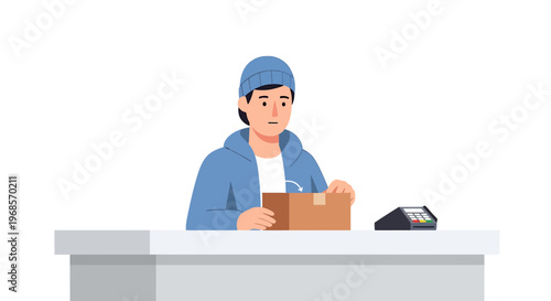Delivery person preparing package with payment terminal on white counter