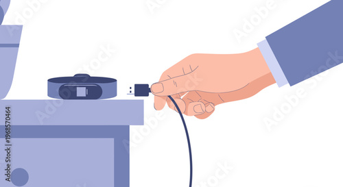 Hand connecting usb cable to electronic device on a table technology and data transfer illustration