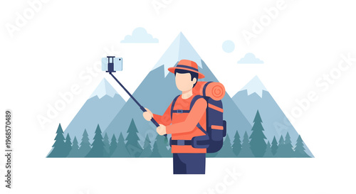 Hiker capturing moment outdoors using technology mountainous landscape adventure concept