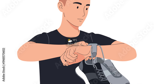 Man checking smartwatch and holding running shoes illustration