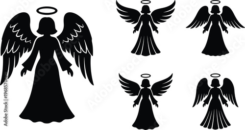 Angel silhouettes set with wings and halo, spiritual guardian figures collection in black isolated design for religious themes decoration and heavenly concept illustration