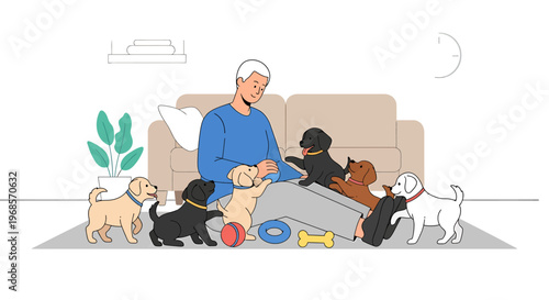 Man interacting with a group of puppies in interior setting