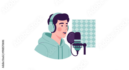Man recording voice audio using microphone