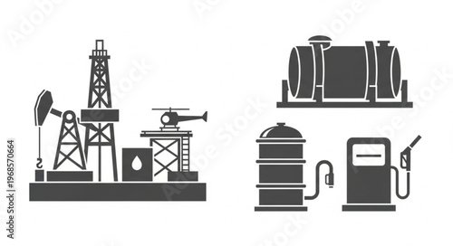 Oil and Gas Industry Infrastructure - Rig, Tanks, and Gas Station.