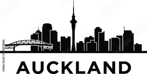 Auckland New Zealand skyline silhouette with Sky Tower and bridge urban cityscape illustration isolated on white background travel destination concept
