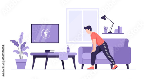 Man stretching at home during workout session interior setting exercise illustration