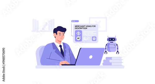 Man using laptop with ai assistant for business task illustration