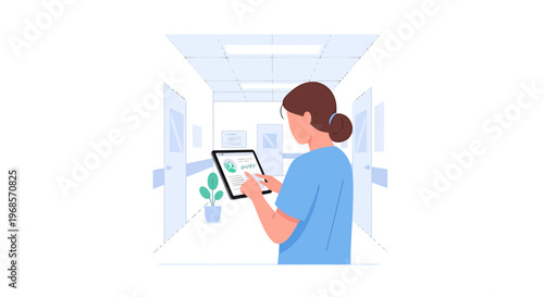 Medical professional using digital tablet in a corridor