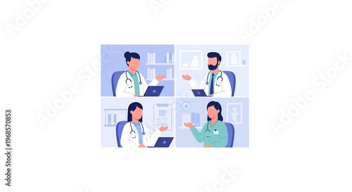 Medical professionals conducting remote consultations via video conference on laptop screens