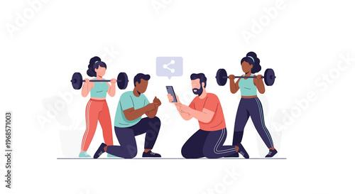 People exercising with weights under supervision illustration