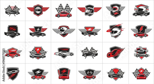 Collection of Racing Car Emblems and Logos with Wings and Flags.