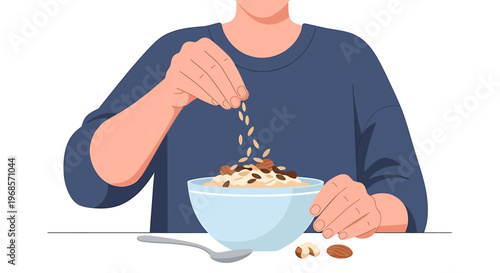Person adding nuts to cereal bowl healthy breakfast meal morning routine