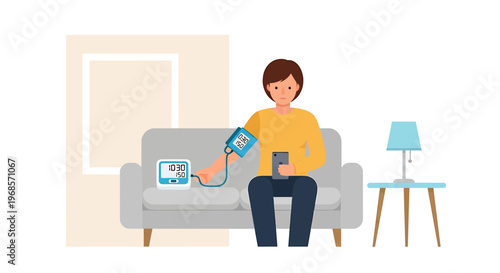 Person checking blood pressure with digital device vector illustration