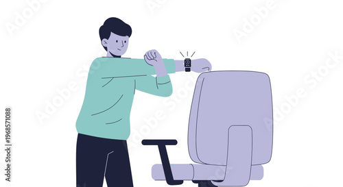 Person checking smartwatch time near office chair illustration