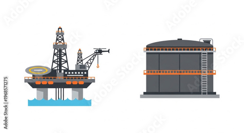 Offshore Oil Platform and Storage Tank Illustration.