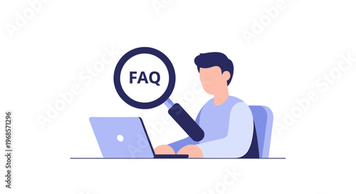 Person searching frequently asked questions with magnifying glass computer