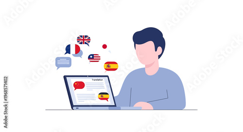 Person using laptop computer with translation application various international language speech bubbles