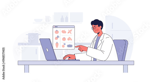 Person using laptop examining food illustrations