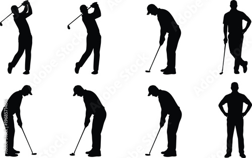 Set of golfer silhouettes different poses swinging putting standing sports collection black shapes isolated on white background illustration