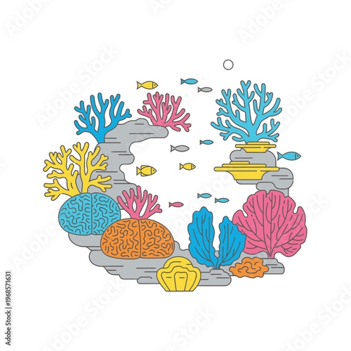 Colorful Coral Reef Ecosystem with Small Fish Swimming.