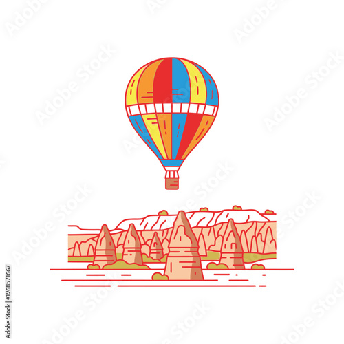 Colorful Hot Air Balloon Ascending Over Unique Rock Formations.