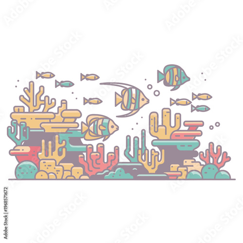 Colorful Coral Reef with Tropical Fish Illustration.