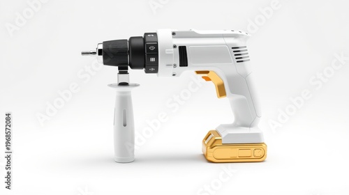 White power drill with gold battery pack. Tool rests on light surface. Simple studio shot, clean presentation.