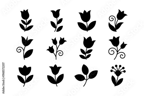 Collection of black silhouette vector flower illustrations showcasing various shapes and designs in a grid layout.
