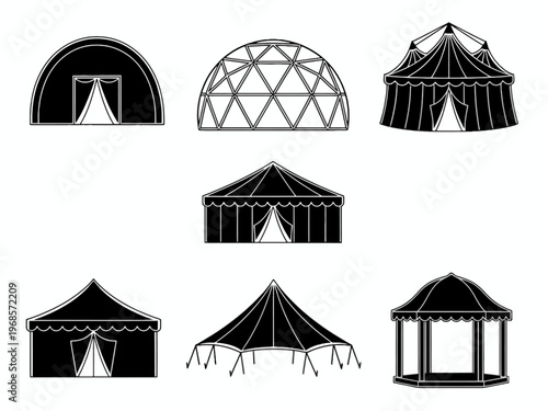 Tent icon set for outdoor events and festivals on white background