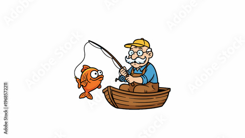 Cartoon Fisherman Catching Large Orange Fish on Wooden Boat