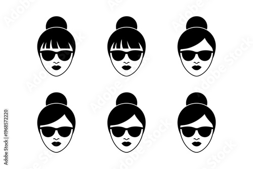 Vector set of six women with buns wearing sunglasses