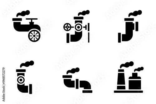 Vector showing various types of industrial pipes and factories emitting smoke