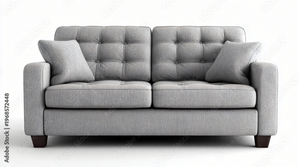 Fototapeta premium Light Grey Sofa, Modern Living Room Furniture, Comfortable Upholstered Couch, Studio Background, Stylish Grey Couch, Contemporary Interior Seating, Minimal Home Decor Concept.
