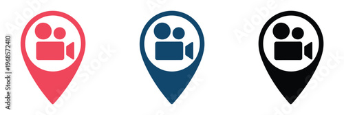 Video camera icon, map label, interface element to illustrate mobile concepts and web applications, thin glyph icon for website design and development, app development, rank titles system, performance