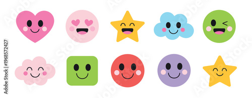 Smile emoji doodle vector cute kid style hand drawn emoticon faces with happy sad moods heart star flower elements for sticker pack and fun design