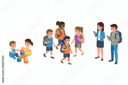 Student characters showing growth stages from childhood to adulthood