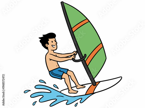 Man windsurfing on water illustration isolated on white background