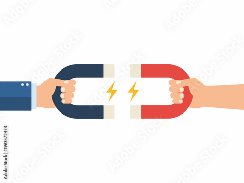 Hands Holding U-Shaped Magnets Attracting on White Background