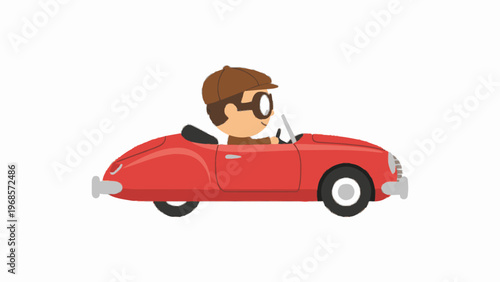 Cartoon Boy in Goggles Driving Red Vintage Convertible Car