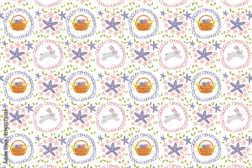 Watercolor Easter Bunny and Basket Seamless Pattern with Floral Elements for Spring Holiday Packaging and Textile Design