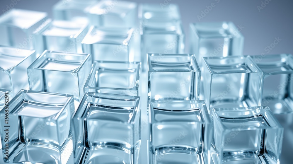 Fototapeta premium Clear glass cubes arranged closely. Light reflects, creating cool tones, depth. Minimalist composition, modern aesthetic.