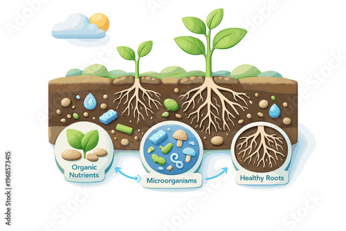Soil Ecosystem Illustration with Organic Nutrients, Microorganisms and Healthy Plant Roots
