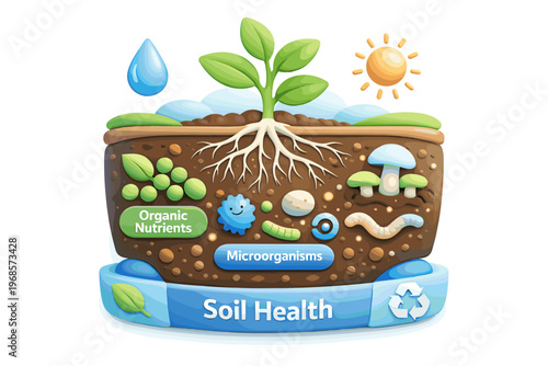 Soil Health Concept with Plant Growth, Microorganisms and Organic Farming Illustration
