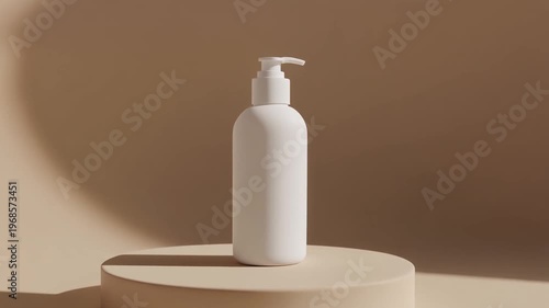 White Pump Bottle Mockup on Beige Podium with Shadow for Cosmetic Product Display