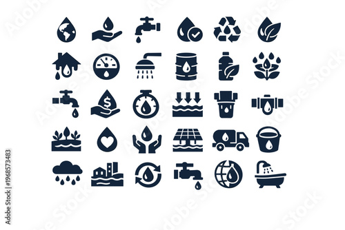 Water and Sustainability Icon Set with Conservation, Agriculture and Environmental Management Symbols
